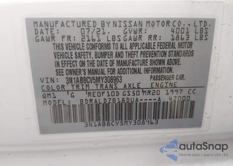 2021 Nissan Sentra Sv Xtronic Cvt из США, поврежденный, VIN 3N1AB8CV5MY308963